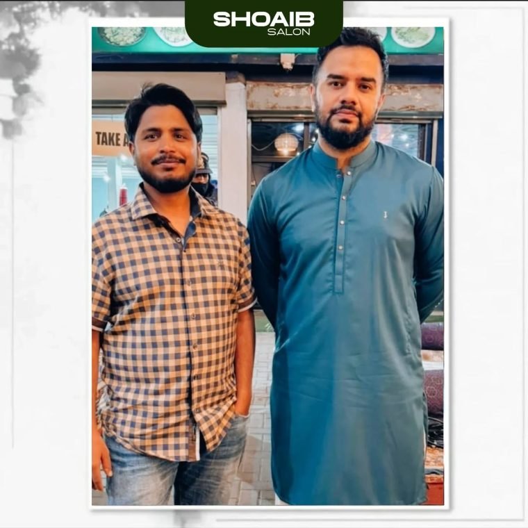 Shoaib Bashir with a client after styling